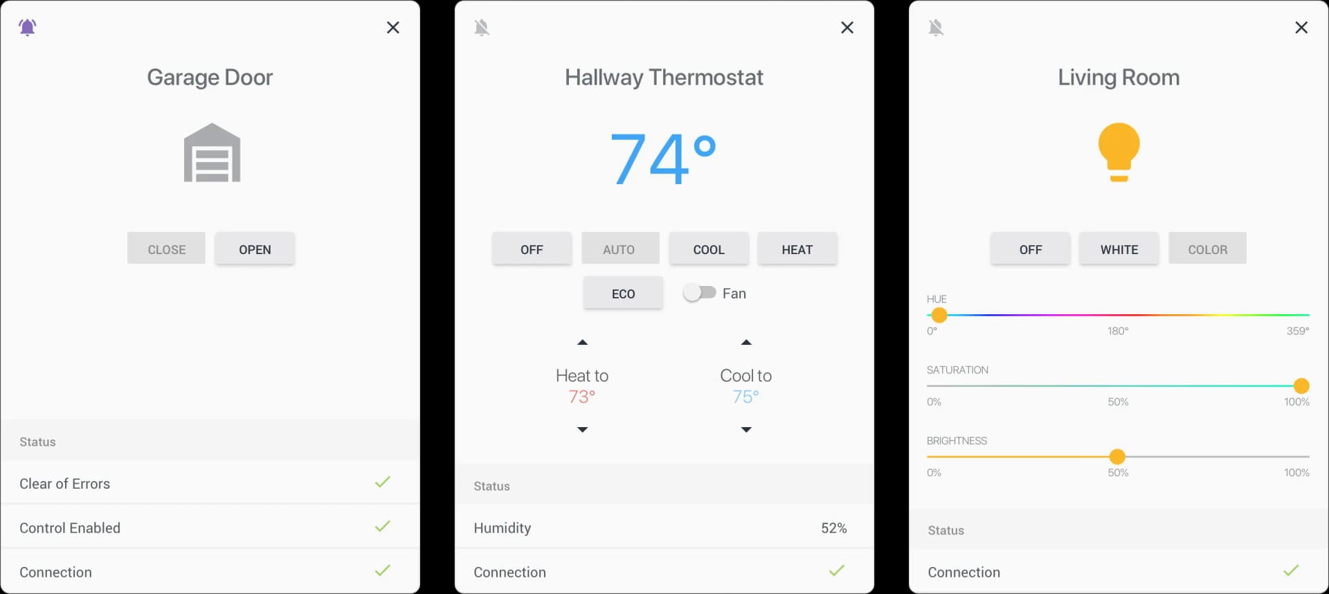 Each device has an expanded view with additional details and actions.