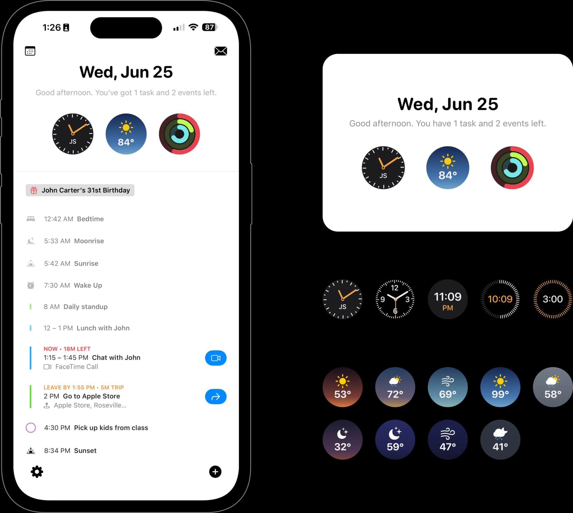 Clock, weather, and health widgets: glanceable, contextual, and always up to date.