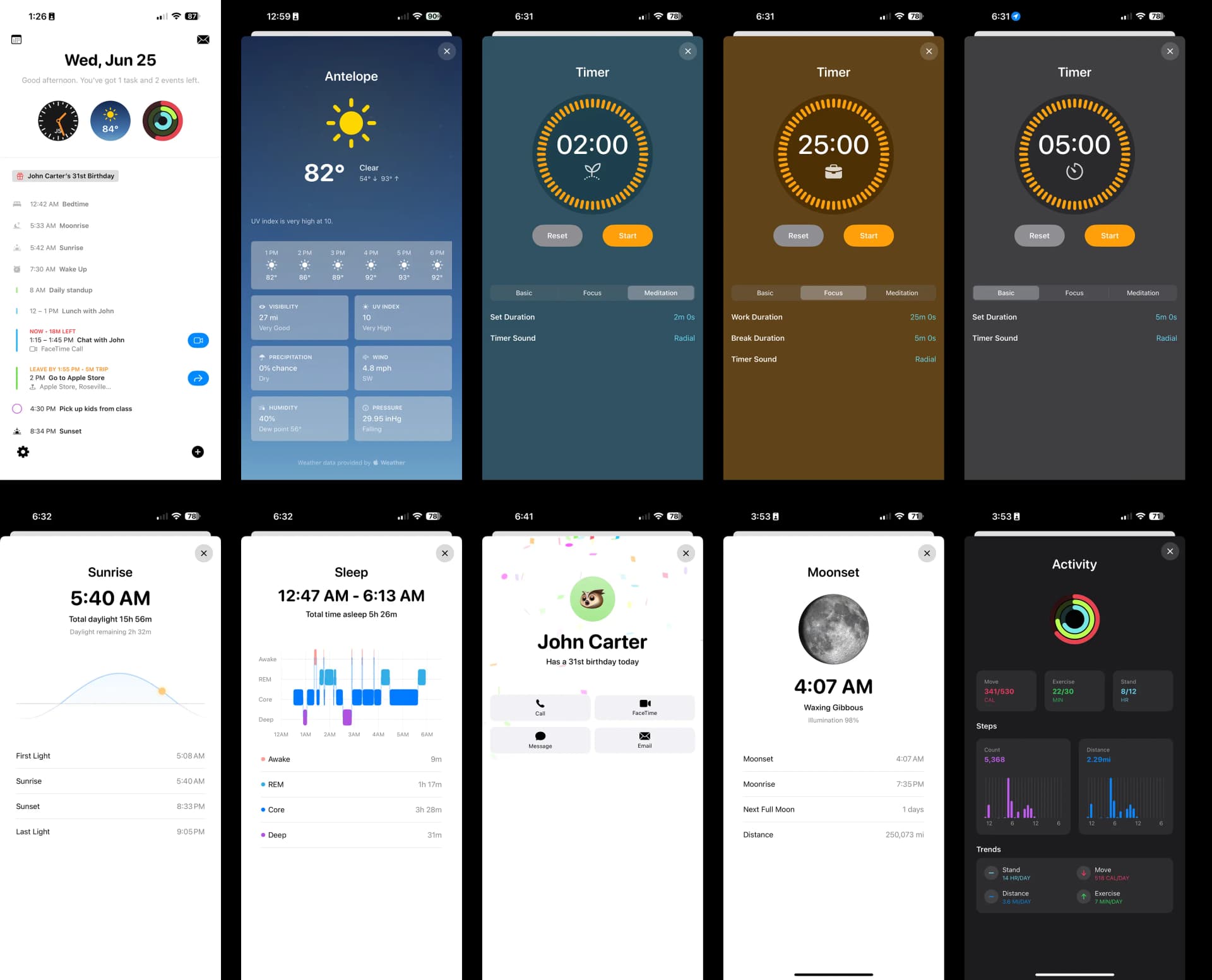The unified timeline: events, reminders, sleep, and more—visually prioritized.